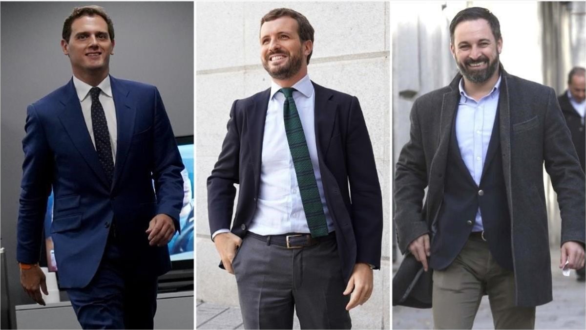 Albert Rivera (líder de Ciudadanos), Pablo Casado (PP) y Santiago Abascal (Vox).-