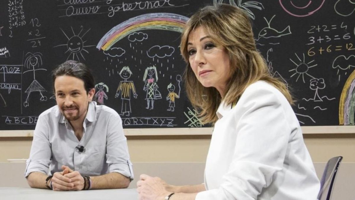 Pablo Iglesias con Ana Rosa Quintana, en el programa de Tele 5 '26 J: quiero gobernar'-JUAN AGUADO