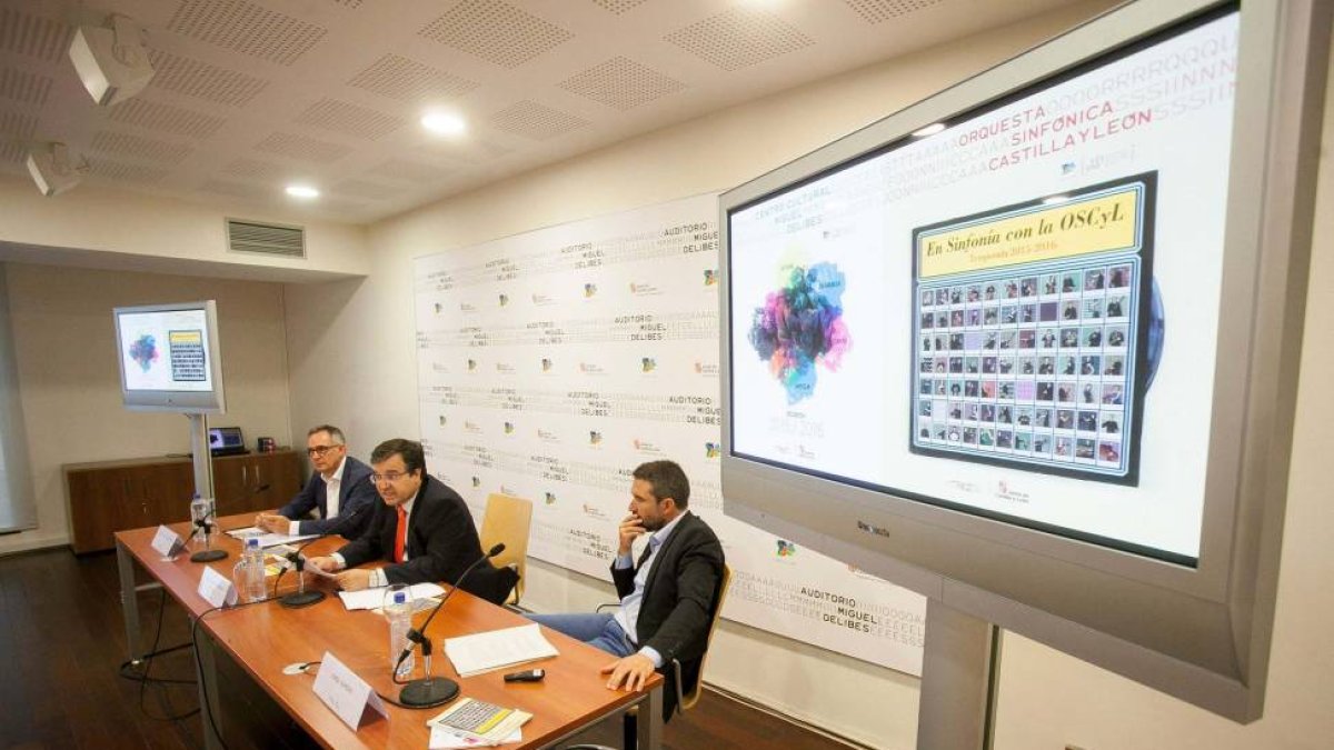 (I a D) El jefe de Equipaciones Culturales de la Fundación Siglo; José Javier Fernández; el director de Políticas Culturales, José Ramón Alonso, y el director técnico de la OSCyL, Jordi Gimeno,Jordi Gimeno, en la presentación de la temporada 2015-2016 y c-ICAL