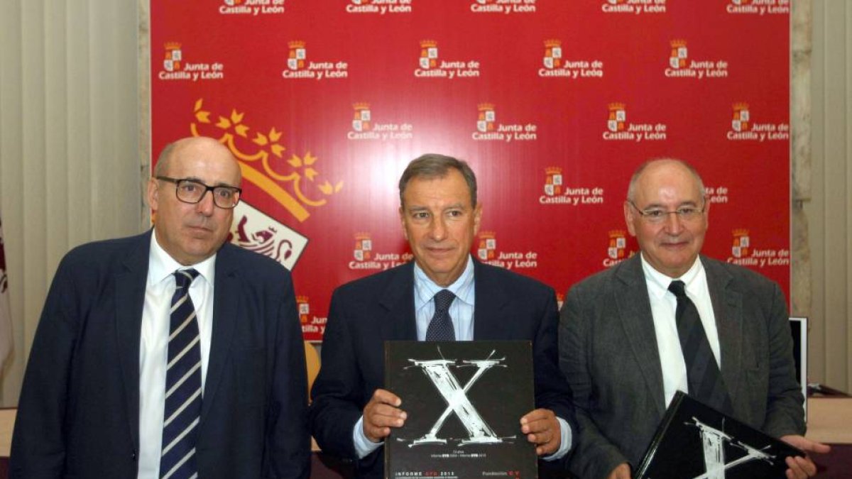 El consejero de Educación de la Junta, Juan José Mateos, junto al director del informe, Martí Perellada y el vicepresidente de la Fundación CYD, Frances Sole Perellada en la presentación del ‘Informe Conocimiento y Desarrollo 2013 en Castilla y León’-Ical