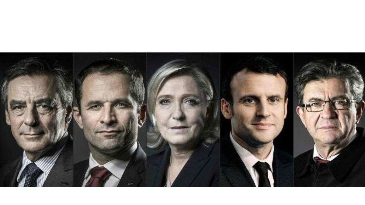 De izquierda a derecha, los candidatos al Elíseo: Fillon, Hamon, Le Pen, Macron y Mélenchon.-AFP / JOEL SAGET