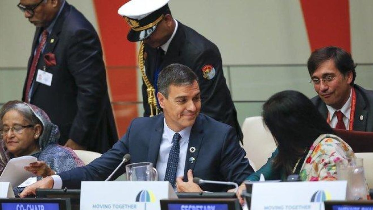 El presidente del Gobierno espanol Pedro Sanchez durante su participacion en la reunion de alto nivel sobre Cobertura Sanitaria Universal, este lunes en Nueva York.-EFE/ EDUARDO MUÑOZ