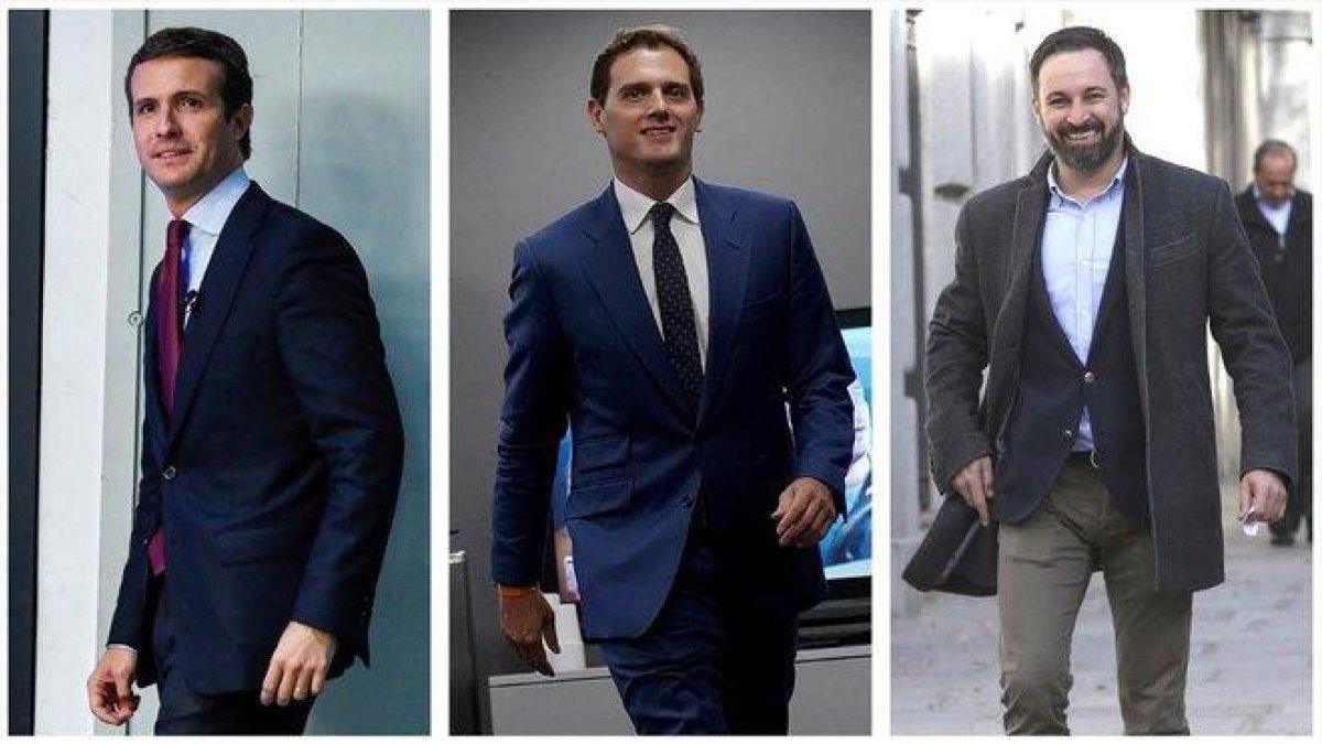 Pablo Casado, Albert Rivera y Santiago Abascal.-