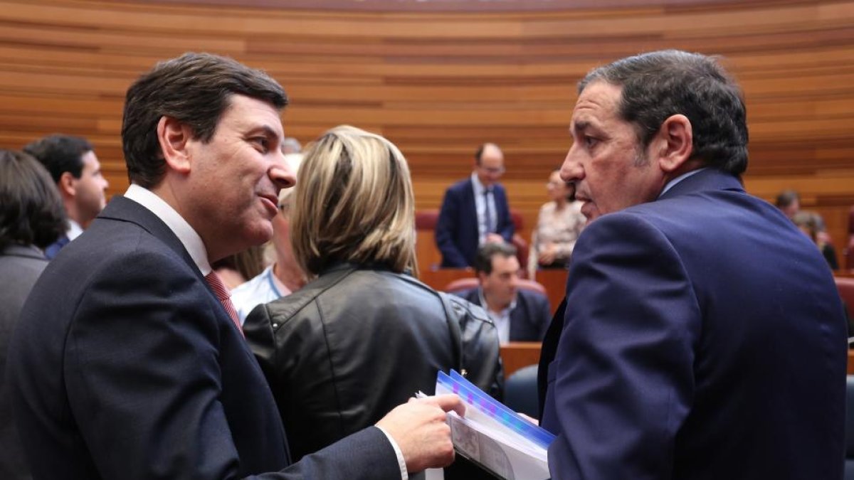 El consejero de Empleo, Carlos Fernández Carriedo, y el de Sanidad, Antonio Sáez, conversan en el Pleno de las Cortes.-ICAL