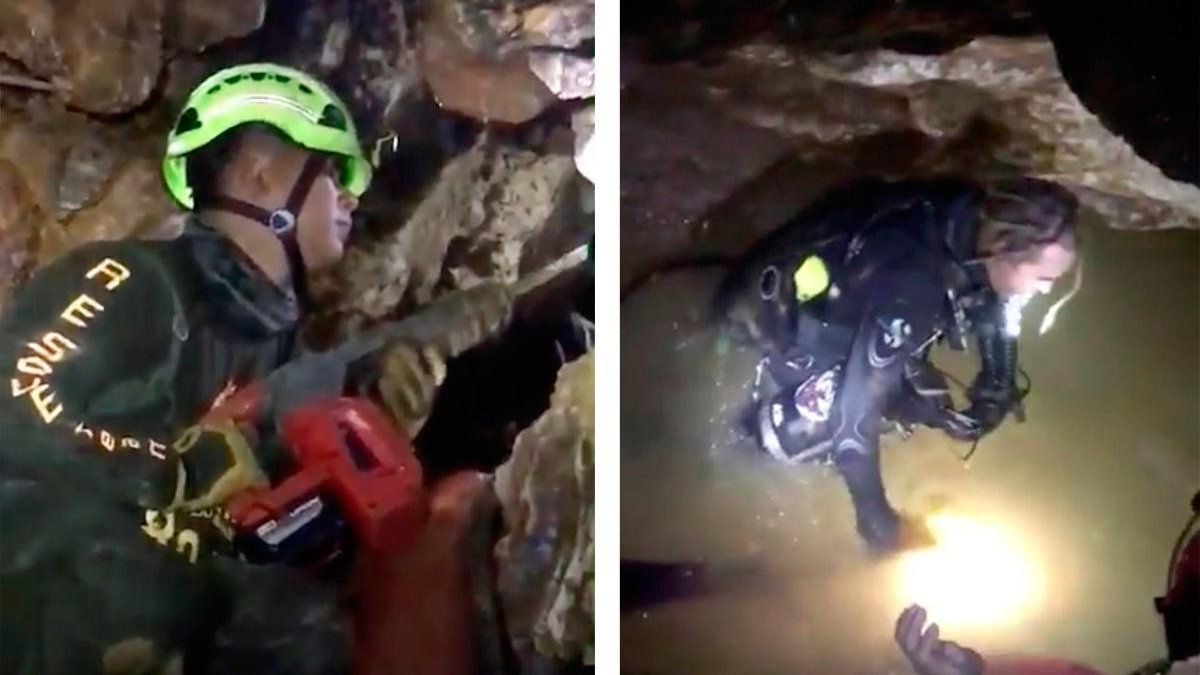 Dos buzos acompañan a cada uno de los niños atrapados en una cueva de Tailandia, que llevan una máscara que les cubre toda la cara.-
