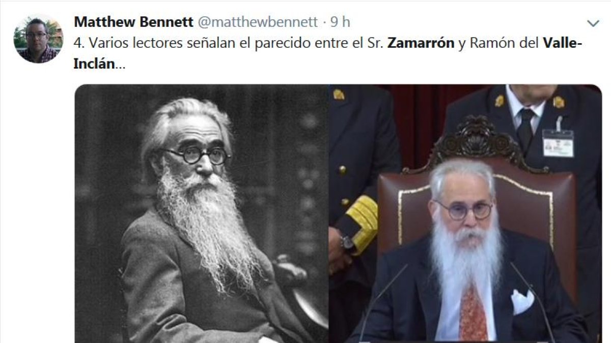 No tardaron mucho las redes sociales, especialmente Twitter, en sacar el parecido entre Zamarrón y el escritor RamónMaría delValle Inclán. Fue ‘trending topic’.-TWITTER