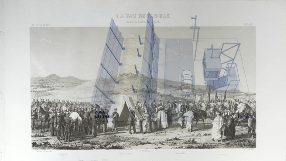 Una estampa sobre el final de la guerra de África entre España y Marruecos, en 1860, intervenida por los artistas.-MUSAC
