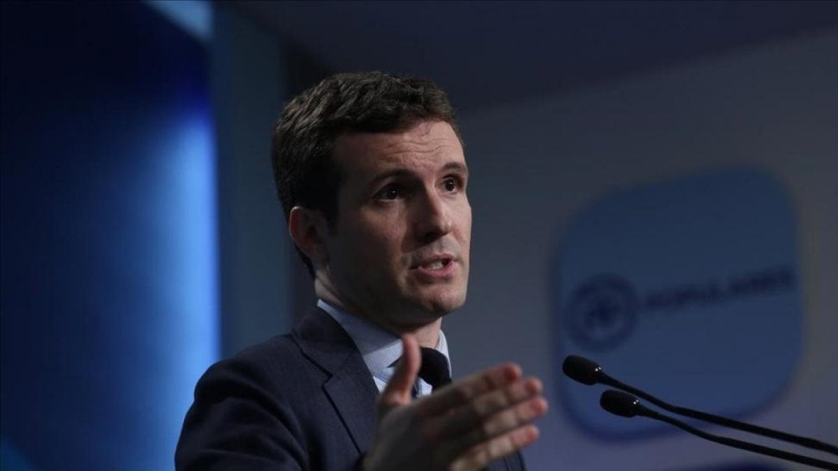 El vicesecretario de comunicación del PP, Pablo Casado, en una rueda de prensa reciente-/ DAVID CASTRO