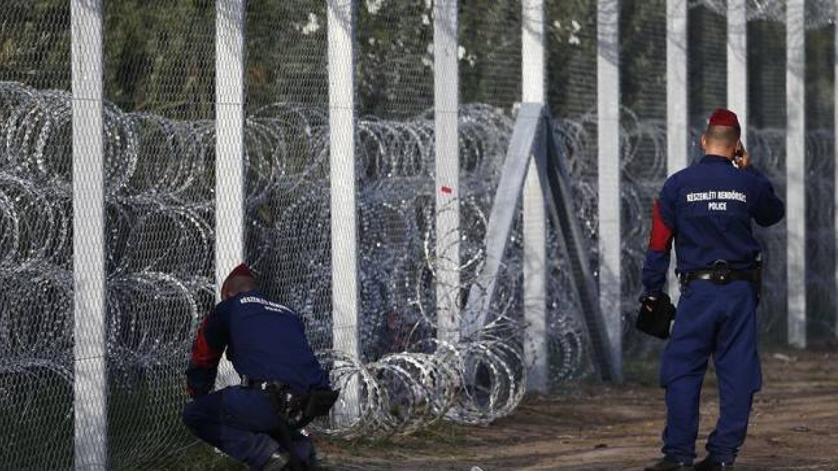 Policías húngaros reparan una agujero en la alambrada de la frontera con Serbia.-AP / MATTHIAS SCHRADER
