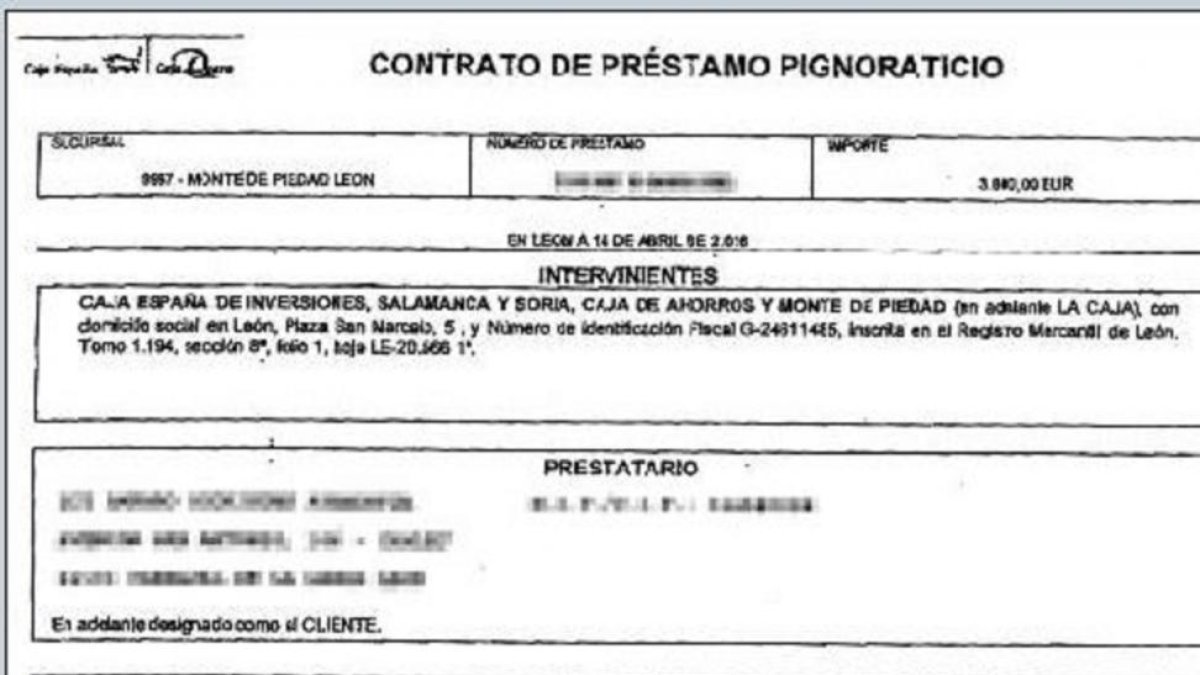 La documentación que se aporta en la denuncia incluye un «préstamo pignoraticio» en el  que figura como entidad Caja EspañaDuero pese a que está firmado el 14 de abril de 2016, tres años después de que la Caja causara baja-EL MUNDO