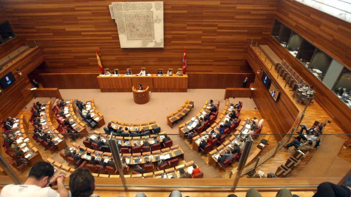 Un grupo de mineros observa desde la tribuna de invitados el debate de una PNL sobre minería en el Pleno de las Cortes de Castilla y León-Ical
