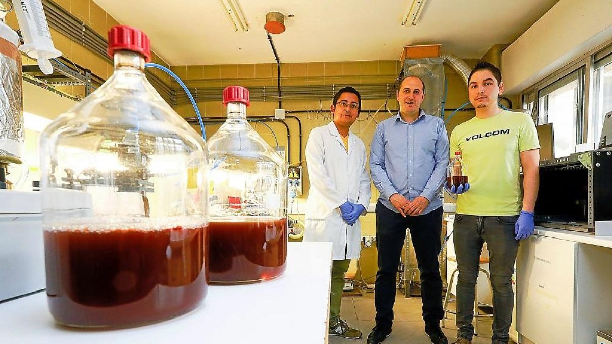 Equipo de investigadores, encabezado por Raúl Muñoz (centro), en el edificio IndUVa, el aulario de la Escuela de Ingenierías Industriales de la UVA.-MIGUEL ÁNGEL SANTOS / PHOTOGENIC