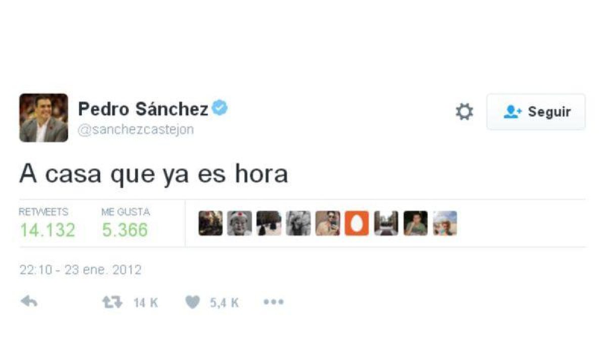 Tuit que Pedro Sánchez publicó en el 2012 y que algunos usuarios de la red social han recuperado este sábado tras su renuncia.-TWITTER