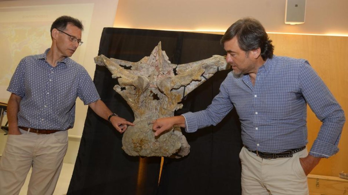 Fidel Torcida Fernández-Baldor, director del Museo de Dinosaurios de Salas de los Infantes, y José Ignacio Canudo, responsable del Grupo Aragosaurus-IUCA, muestran el fósil que hallaron en la Sierra de la Demanda.-ICAL