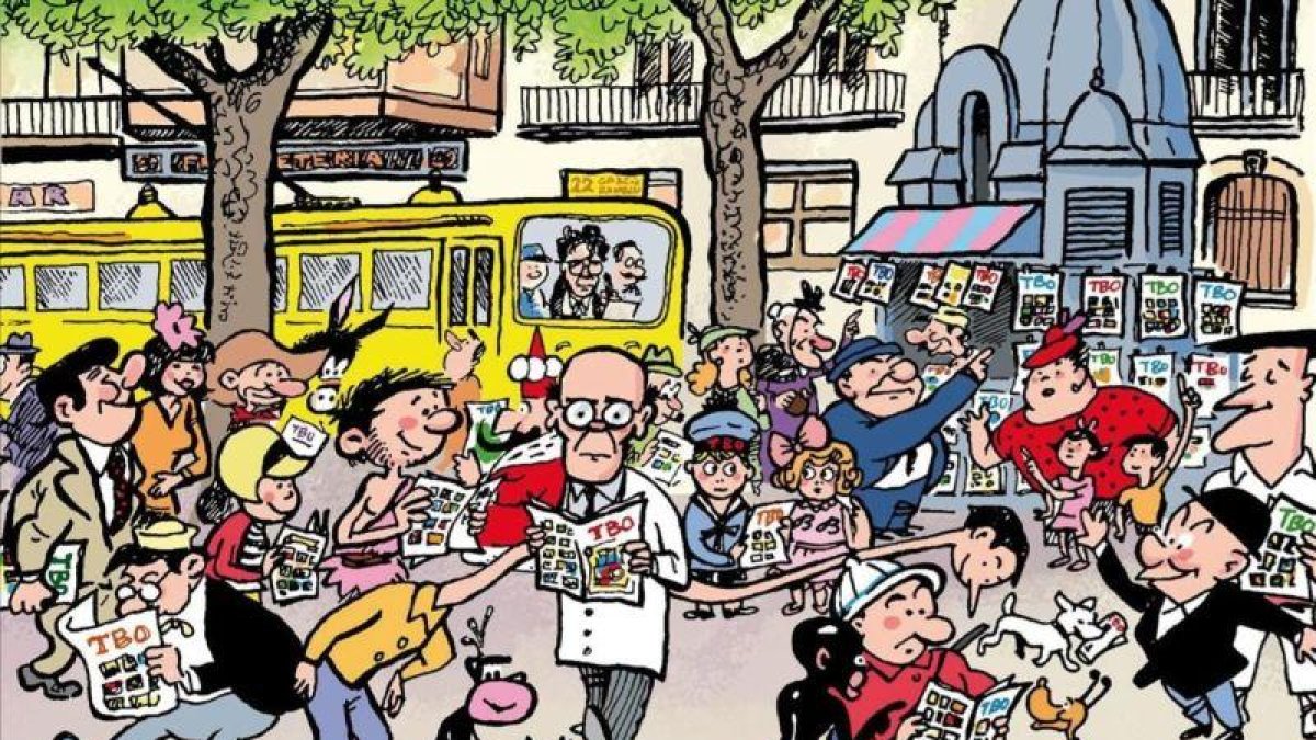 Fragmento del dibujo de Kap para la portada de 'El tebeo que va donar nom als altres. 100 anys', donde homenajea un antiguo dibujo de Opisso en el 'TBO'.-