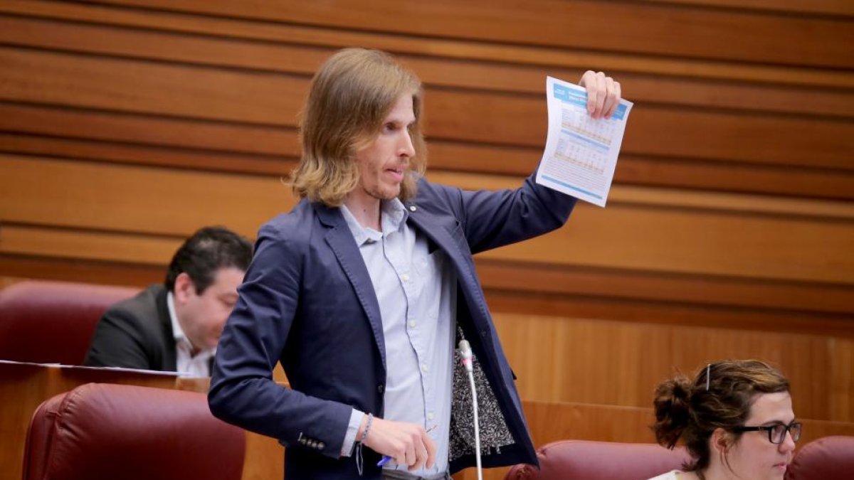 El portavoz del Grupo Parlamentario Podemos, Pablo Fernández, durante su intervención en el Pleno de las Cortes de Castilla y León.-ICAL