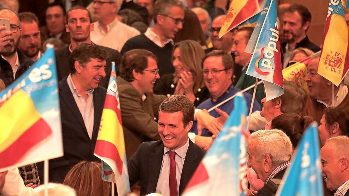 El presidente del Partido Popular, Pablo Casado, clausura un acto público de su formación en Salamanca.-ICAL
