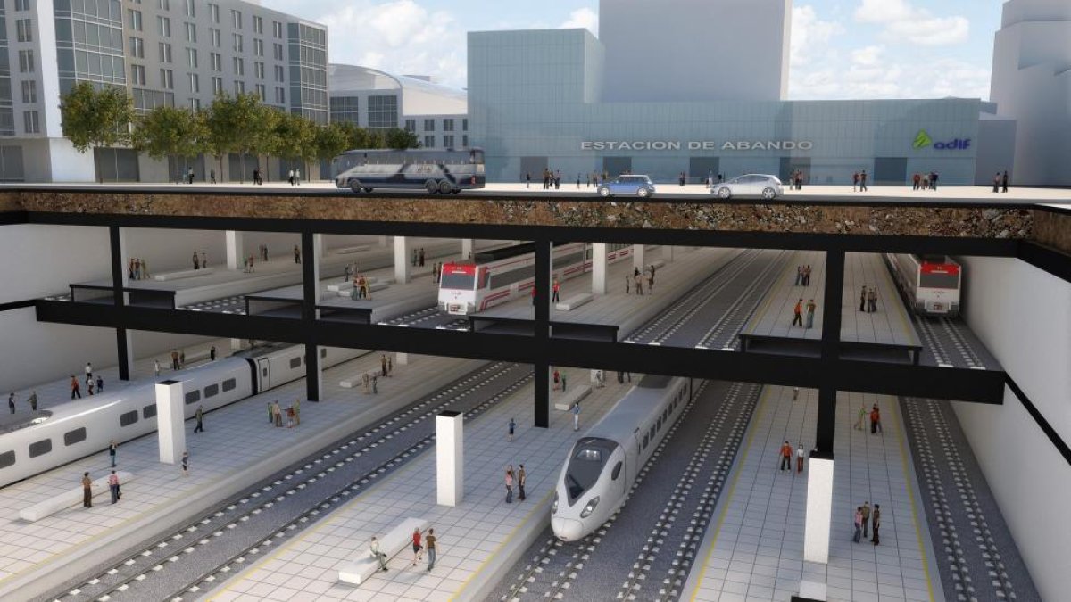 Recreación digital de la estación a dos niveles planteada para Bilbao.-IREKIA