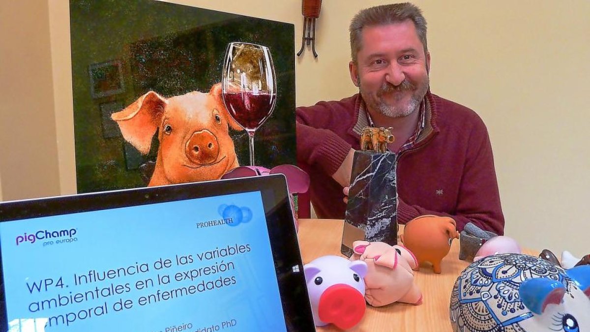Carlos Piñeiro posa rodeado de varias figuras de cerdos, animales en los que se ha especializado Pigchamp Pro.-T. S. T.