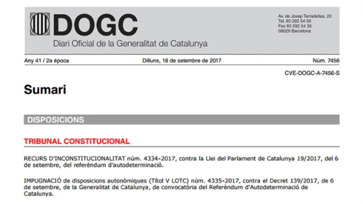 Imagen de la publicación de la suspensión de la ley del referéndum en el DOGC de este lunes.-EL PERIÓDICO
