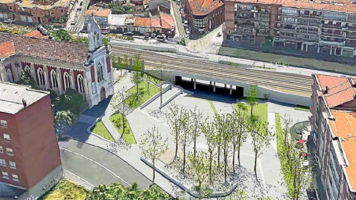 Simulación del paso que se construirá bajo la vía en la plaza de Rafael Cano, junto a la iglesia del barrio de La Pilarica.-E. M.