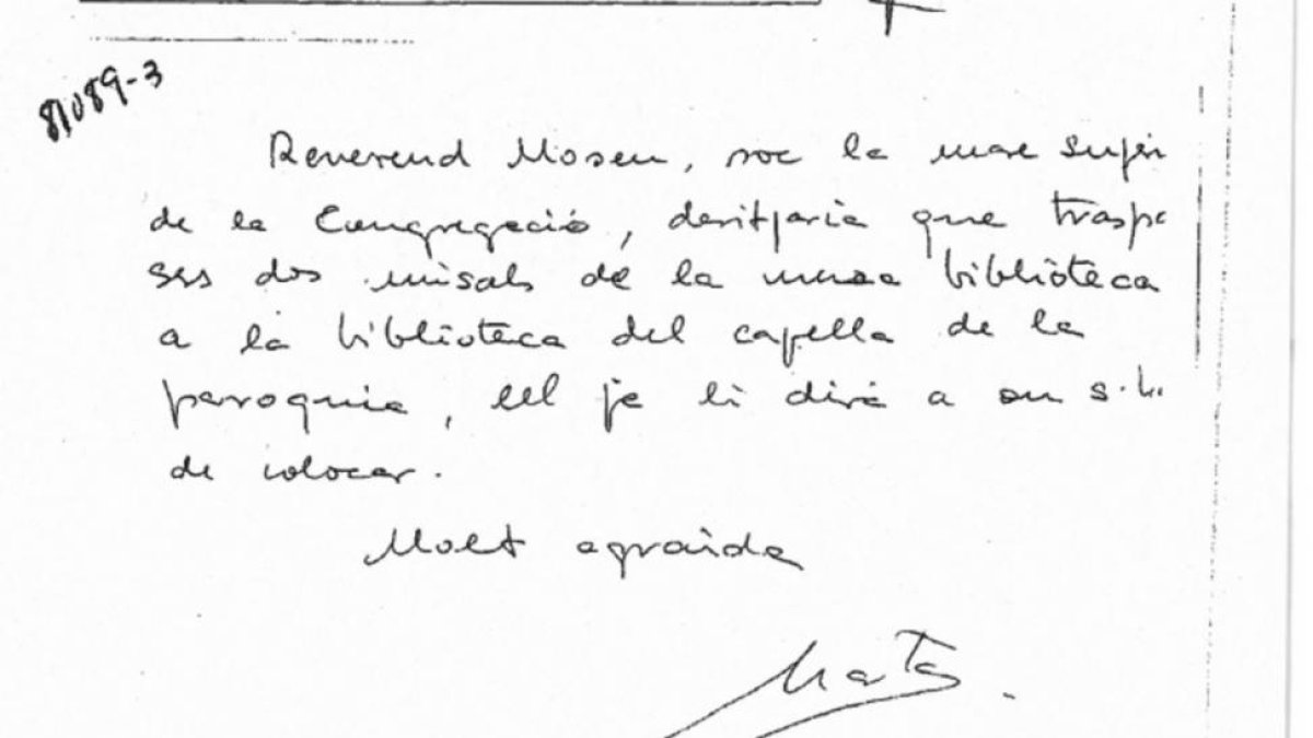 Nota manuscrita de Marta Ferrusola, en la que se identifica como 