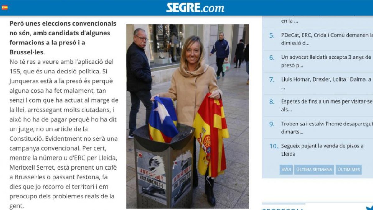 Caputra de pantalla de la entrevista en formato digital en la que la candidata por Lleida del PP, Marisa Xandri, se fotografió lanzando una estelada a la papelera.-/ ÒSCAR MIRÓN (SEGRE.COM)