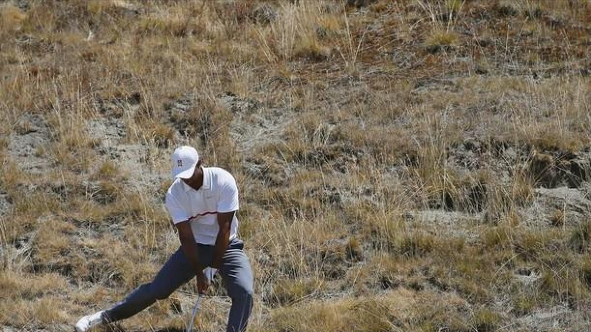 Tiger Woods trata de devolver la pelota a la calle en el octavo hoyo de Chambers Bay durante la segunda jornada del Abierto de EEUU.-AP / MATT YORK