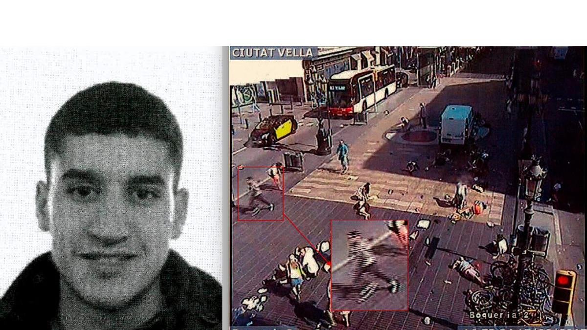 A la izquierda, Younes Abouyaqoub. A la derecha, las imágenes de su fuga que tomó una videocámara. El terrorista corre tras asesinar en La Rambla. /-EL PERIÓDICO