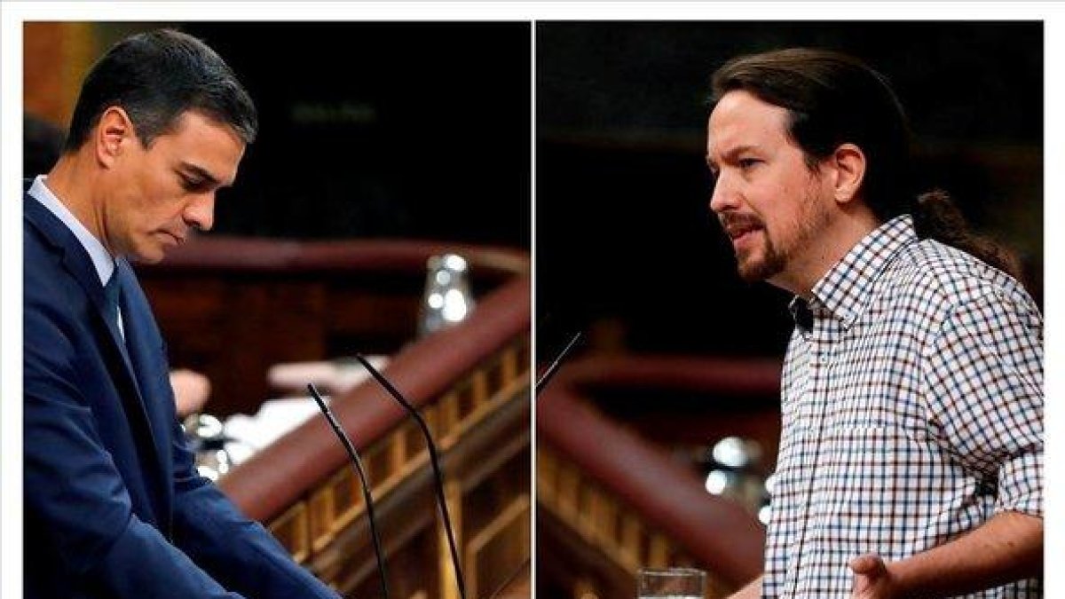 Pedro Sánchez y Pablo Iglesias, en distintos momentos del frustrado debate de investidura de la semana pasada.-EFE / BALLESTEROS / EMILIO NARANJO