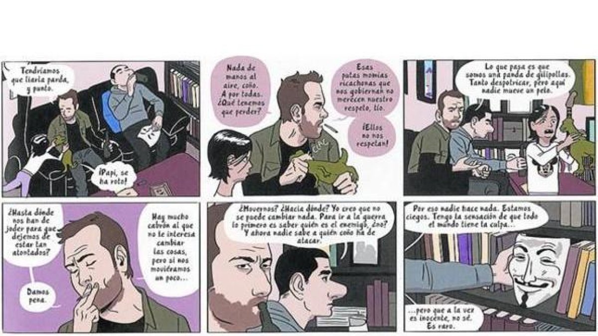 Secuencia de viñetas de 'El mundo a tus pies', donde dos amigos reflexionan sobre la actualidad.-