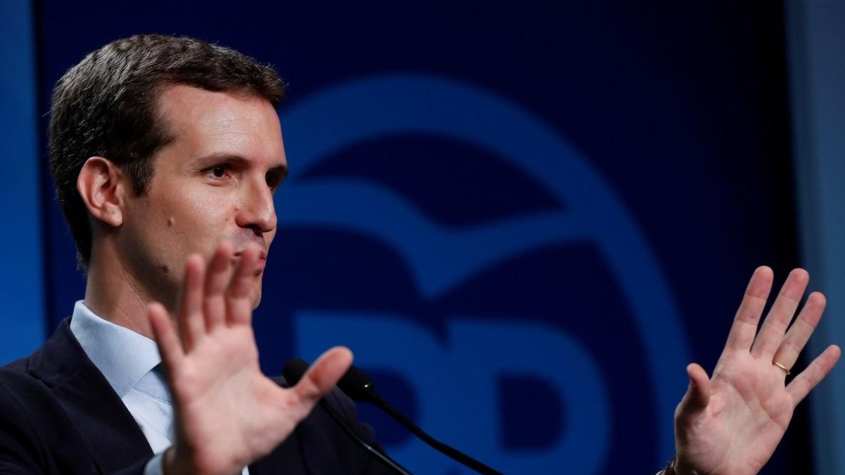El presidente del PP, Pablo Casado, durante su comparecencia en la sede del partido-CHEMA MOYA