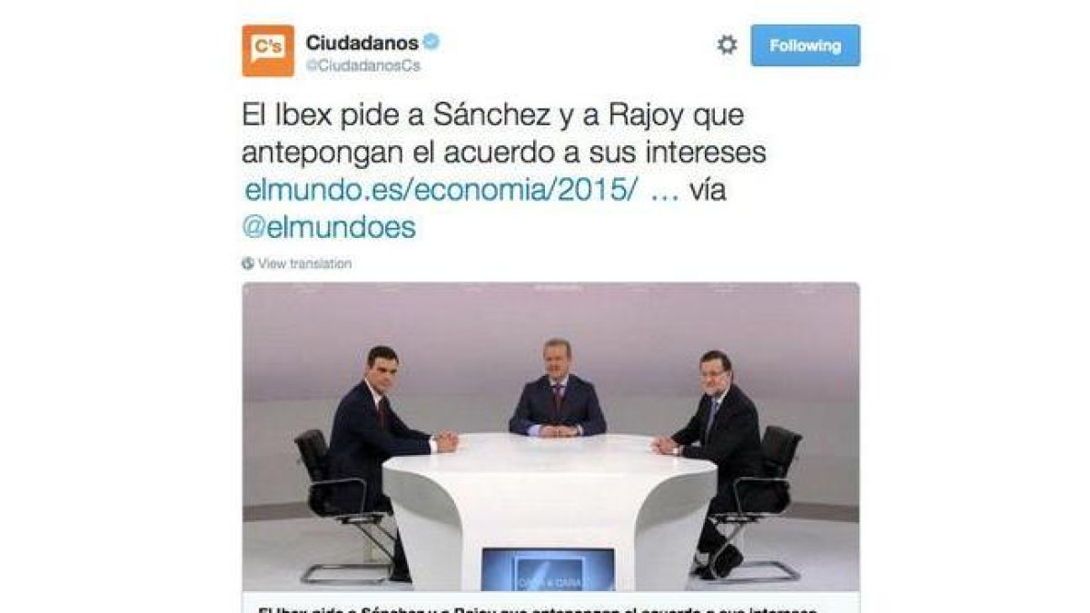 El tuit eliminado por Ciudadanos.-TWITTER