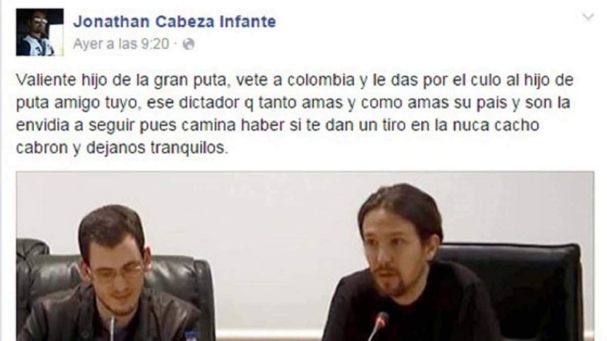 Captura de los insulto de Jonathan Cabeza Infante a Pablo Iglesias en la red social Facebook-Facebook