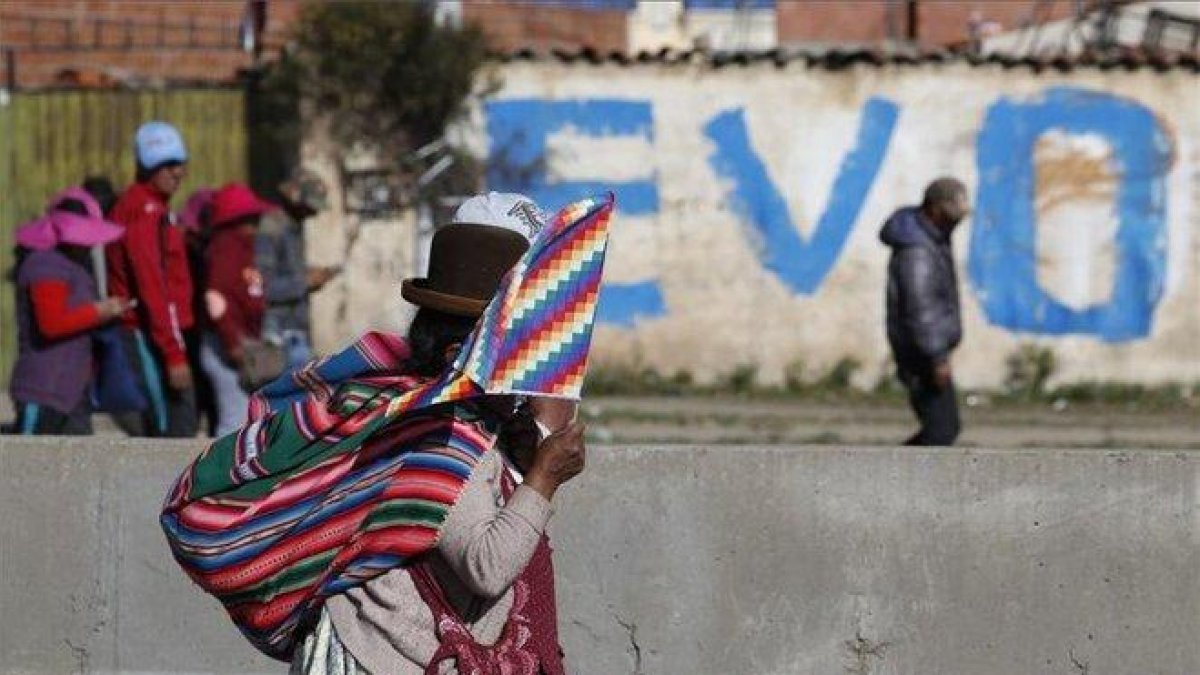 Una mujer protesta en las calles de Bolivia con la bandera indígena.-AP