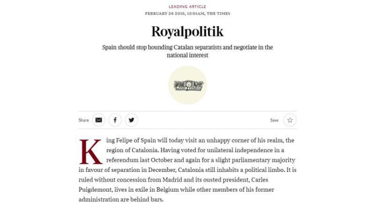 Captura de pantalla del editorial del The Times sobre el Rey y Cataluña.-EL PERIÓDICO
