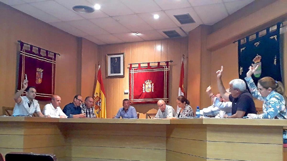 Los concejales de CCD-CI, IU, Podemos y Ciudadanos votan en contra, ayer en el Pleno de Aldeamayor.-EL MUNDO