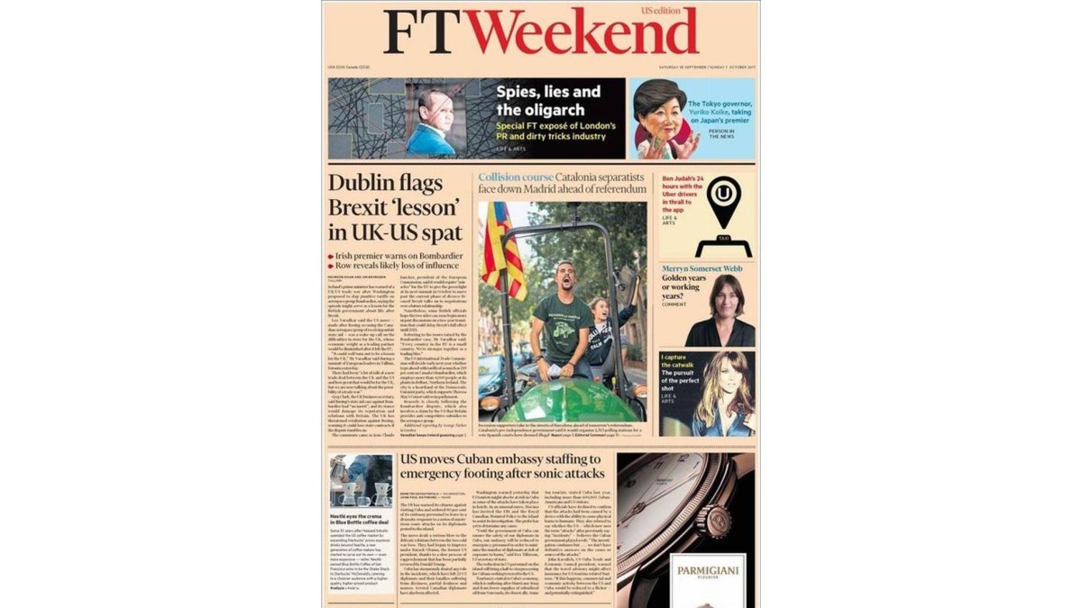 La portada de Financial Times de este sábado, con foto dedicada al referéndum catalán-EL PERIÓDICO
