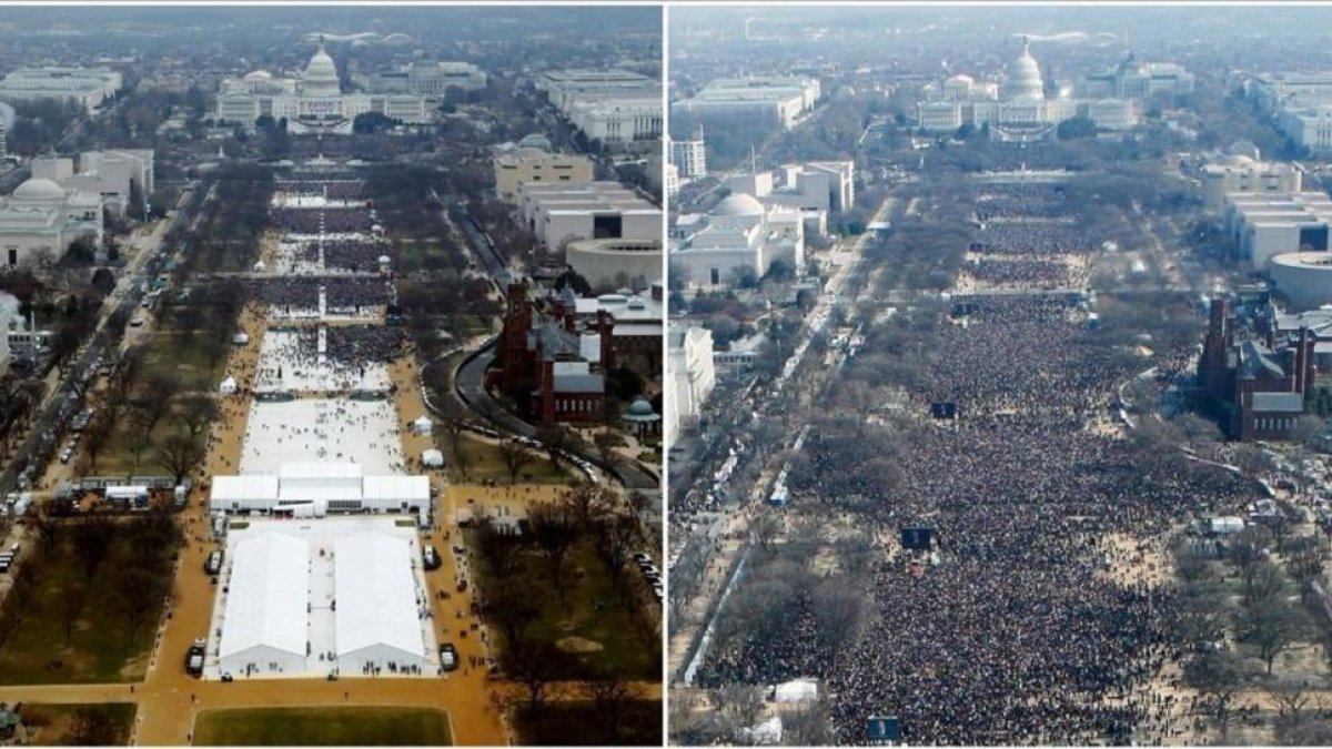 Público en la toma de posesión de Trump (izquierda) y en la de Obama en el 2009.-REUTERS / LUCAS JACKSON / STELLOS VARIAS
