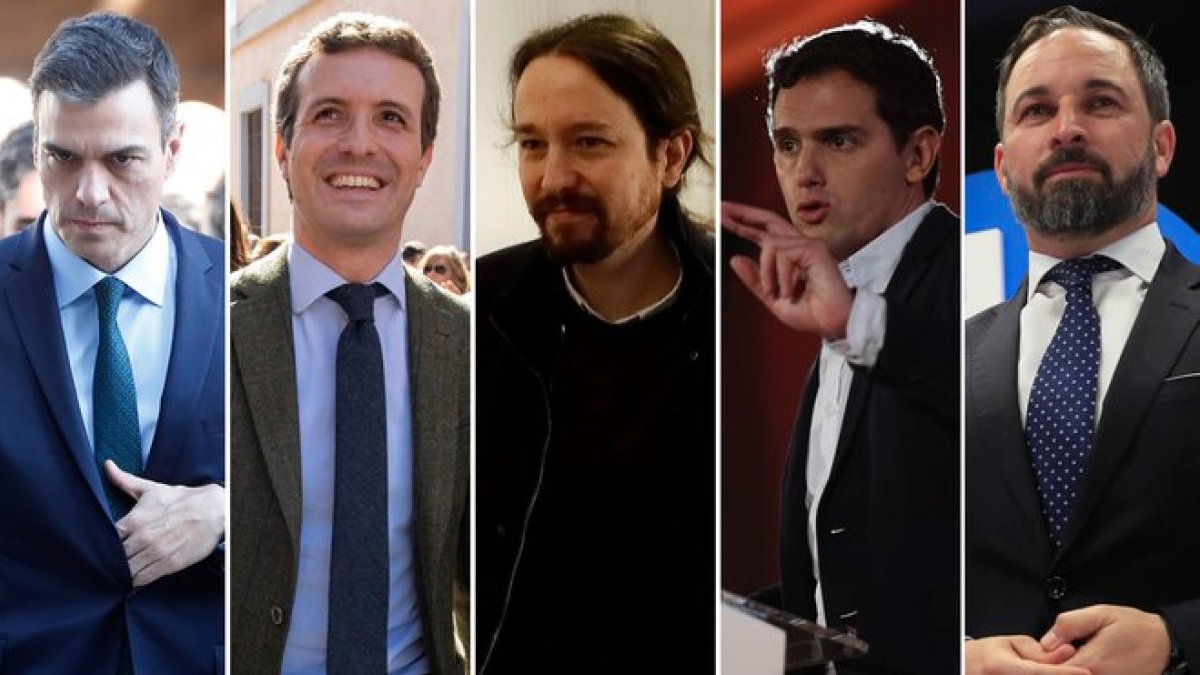 Pedro Sánchez, Pablo Casado, Pablo Iglesias, Albert Rivera y Santiago Abascal.-EL PERIÓDICO