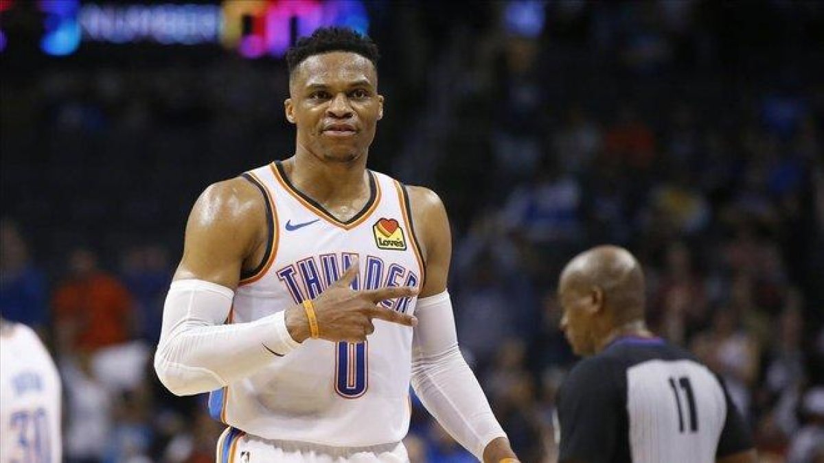 Russell Westbrook tras conseguir el segundo doble triple-doble en la historia de la NBA.-