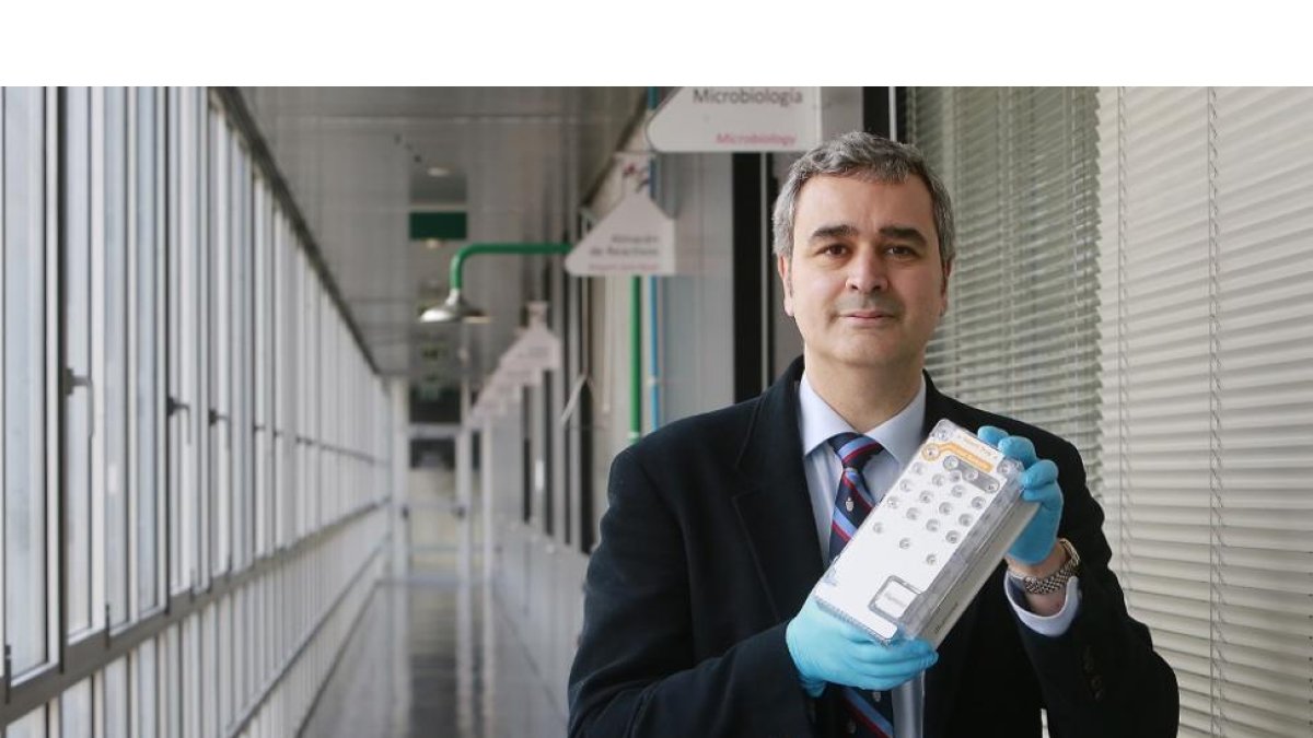 David Rodríguez Lázaro posa con unas muestras biológicas en las instalaciones de la Universidad de Burgos.-RAÚL OCHOA