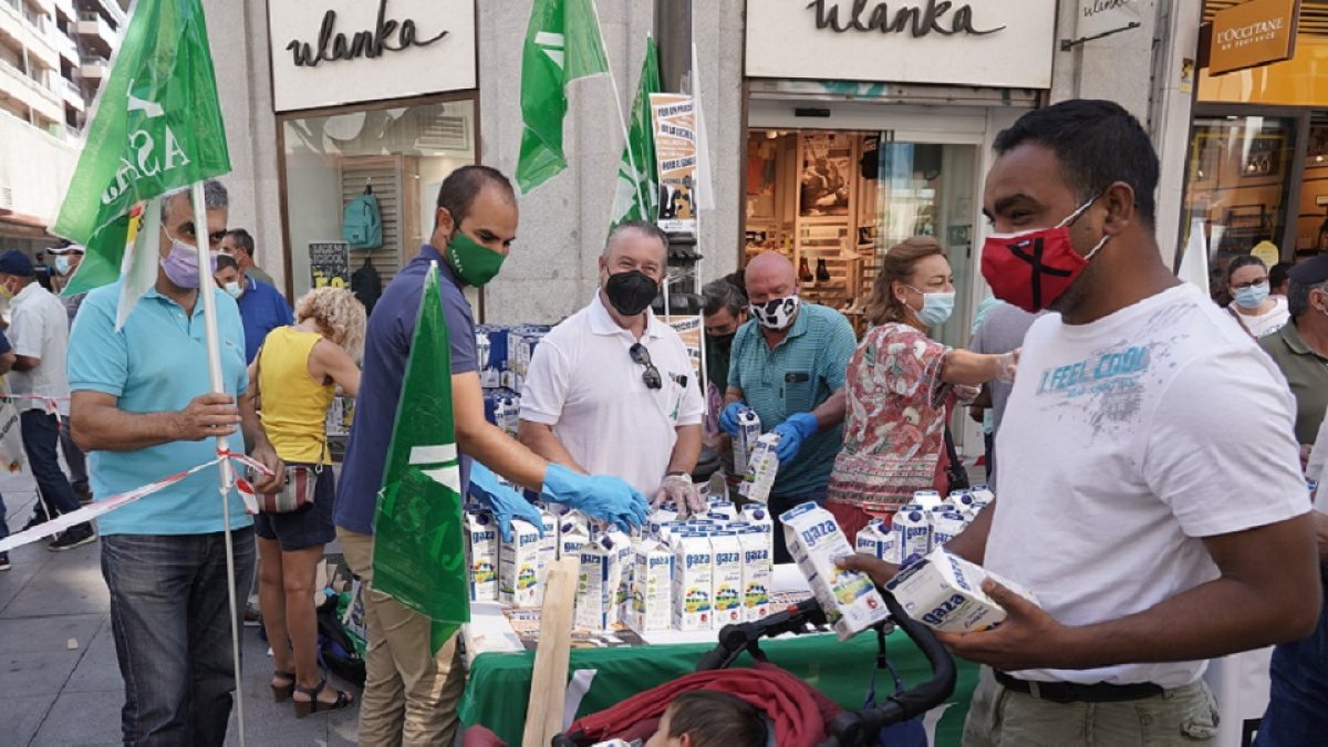 Un momento de la entrega de leche gratis por parte de las organizaciones agrarias en la calle Santiago de Valladolid. ICAL