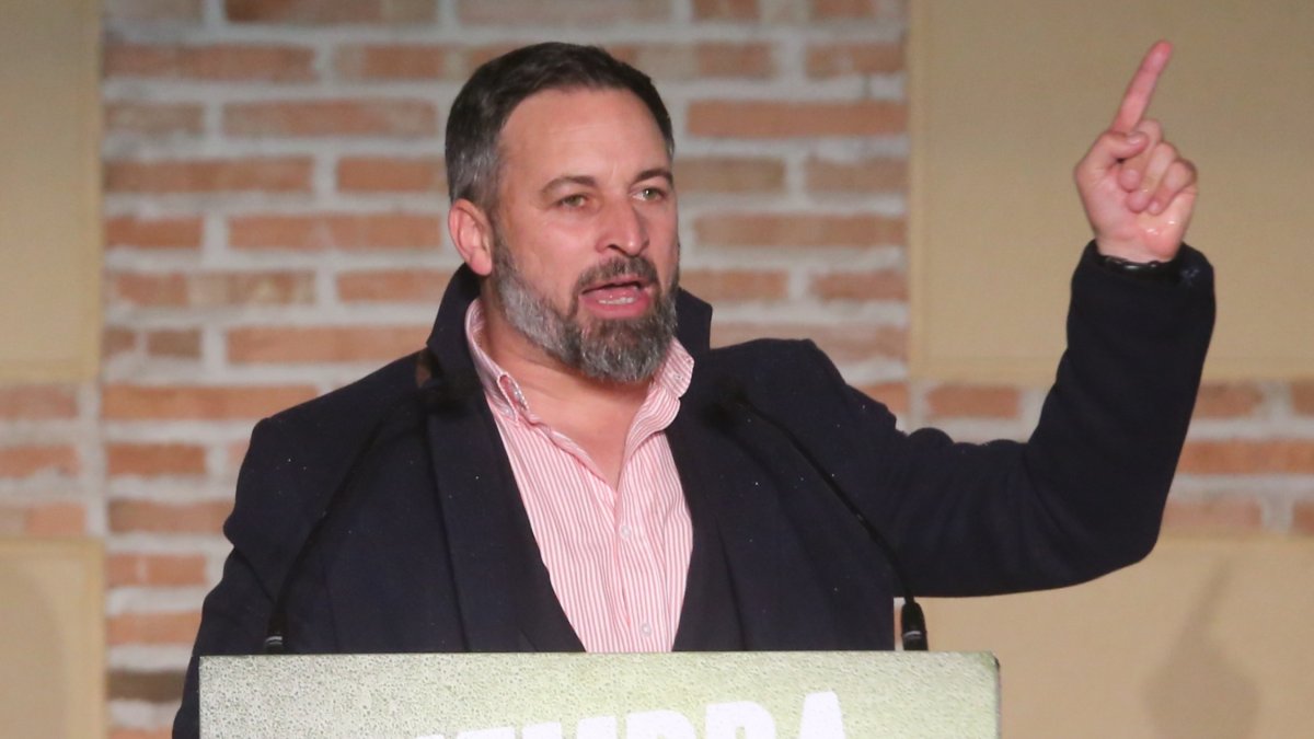 Santiago Abascal, en una imagen de archivo celebrando el resultado de VOX en la autonómicas la noche electoral del 13 de febrero.-ICAL