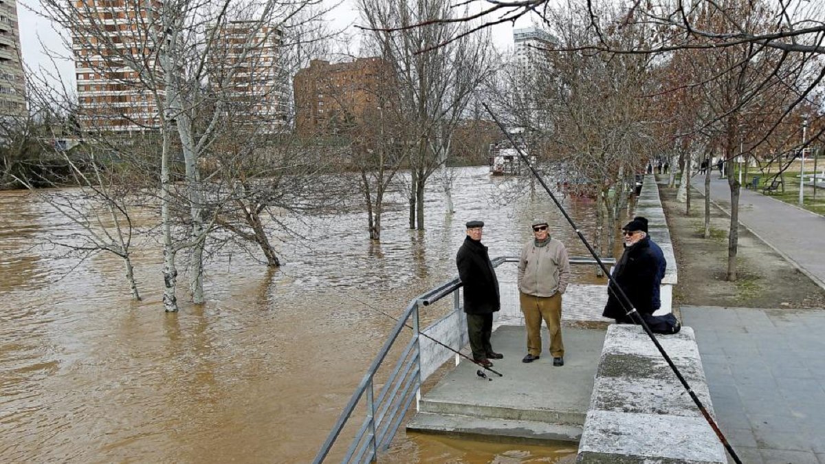 Tres hombres aprovechan la crecida del río para pescar en las inmediaciones del embarcadero, a orillas del paseo que recorre el parque de las Moreras.-J. M. Lostau