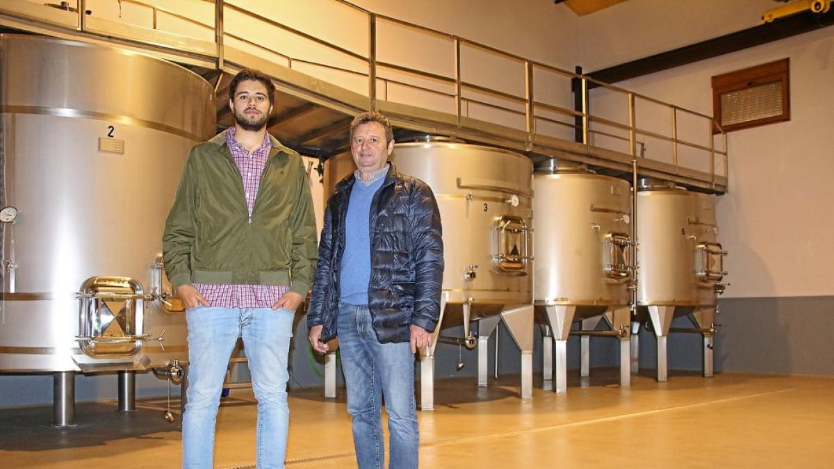 Pablo Calleja Zamora (i) y Honorato Calleja González posan ante los depósitos de elaboración en la bodega de Amusquillo. Abajo, panorámica del viñedo.-M.T.
