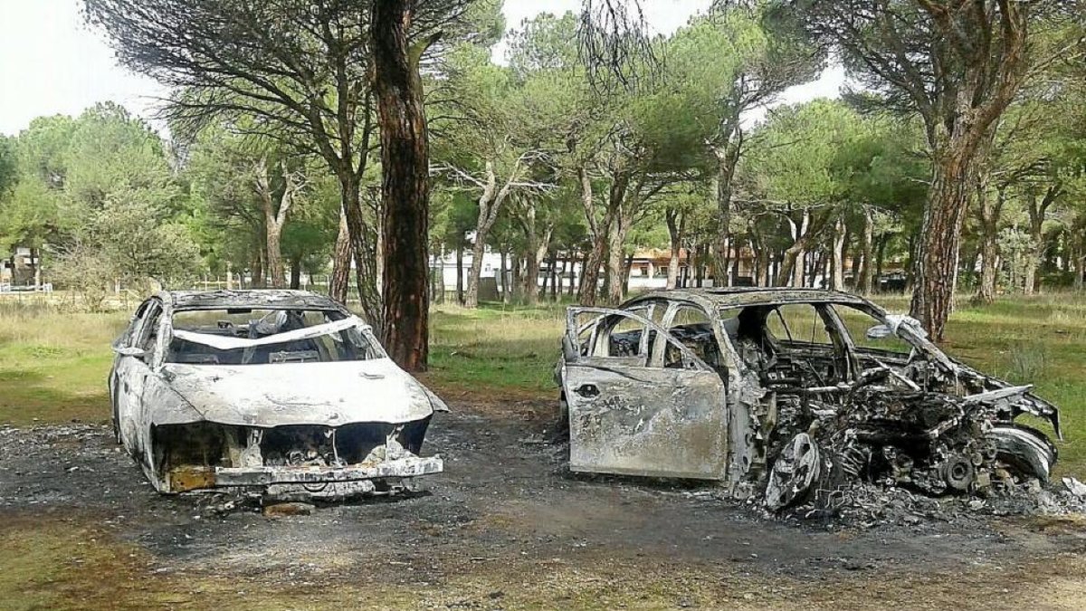 DOS BMW CALCINADOS PARA BORRAR HUELLAS. Otra prueba de la planificación del robo fue la decisión de calcinar los turismos BMWusados en la huida. Lo hicieron en un pinar situado en un pinar junto a las Aceñas (Simancas). Los dos coches de alta gama fueron-La 8 Valladolid