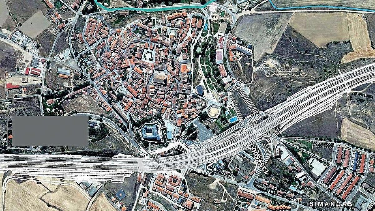Infografía de los dos túneles que se habilitarán en el casco urbano de Simancas, destacados en gris.-M. FOMENTO