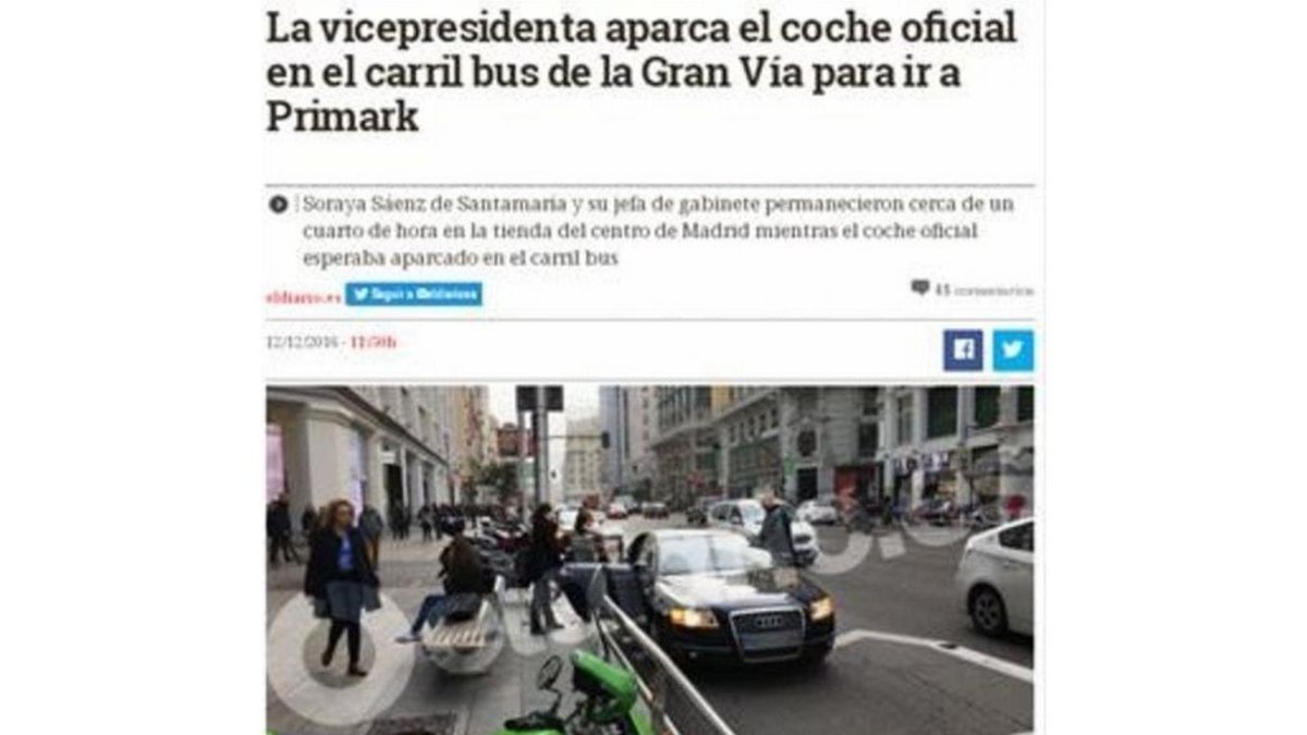 Captura del momento en que el coche oficial de la vicepresidenta estaciona en el carril bus de la Gran Vía de Madrid.-ELDIARIO.ES