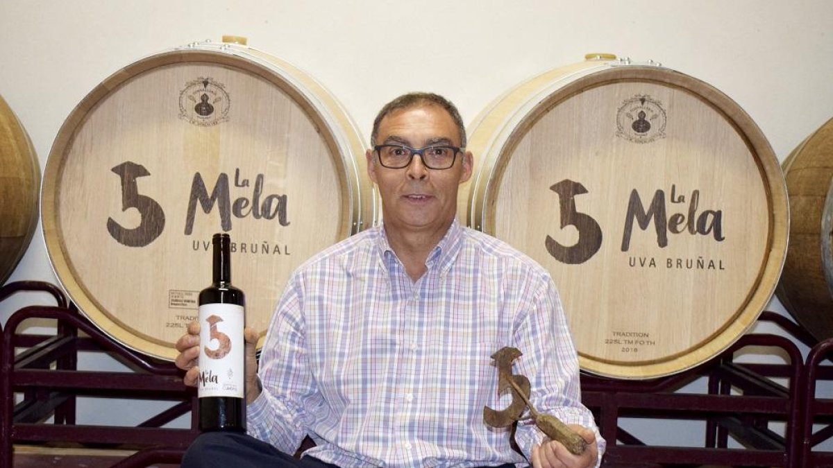 Benjamín García en su diminuta nave de crianza con una botella y el hierro que da nombre a su bodega en Sejas de Aliste.-